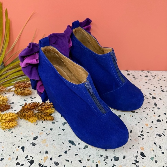 Jeffrey Campbell Blue Suede Leather Bow Back Zip Women’s Wedge Booties Sz 8.5 - Picture 13 of 13